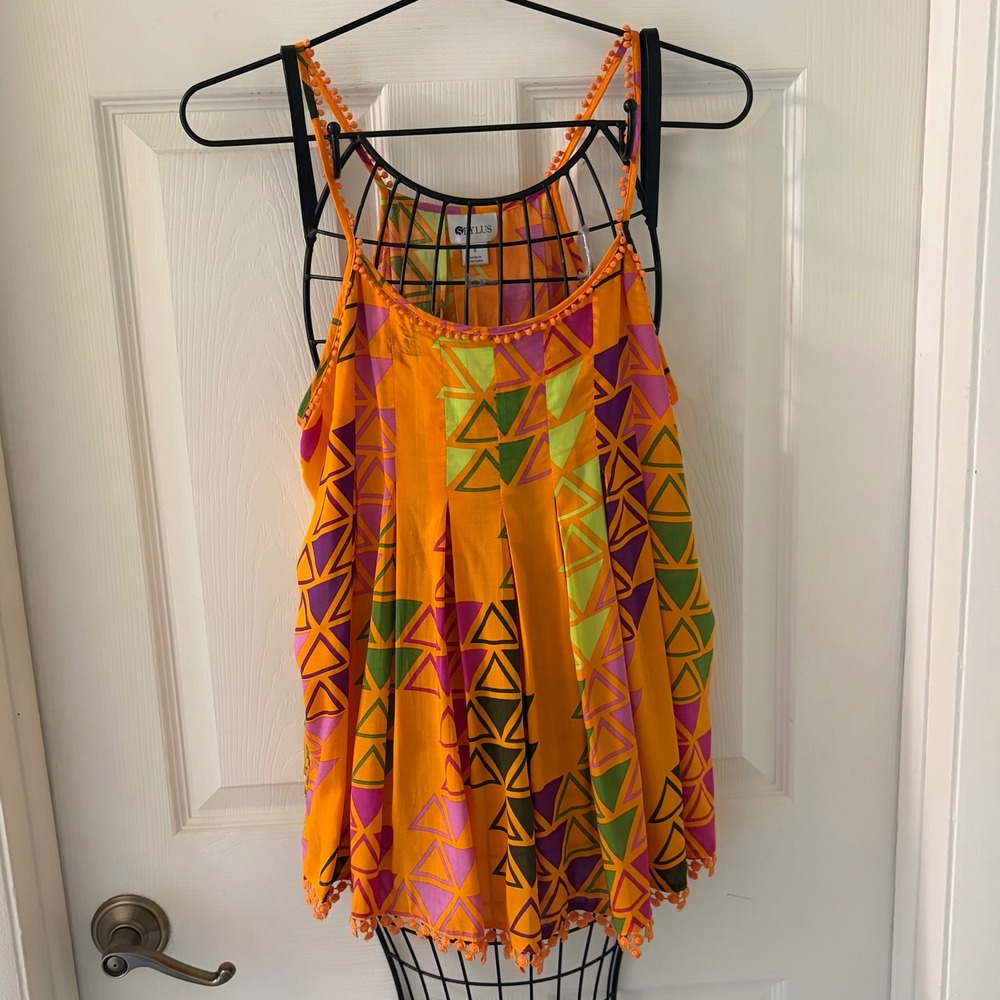 Stylus Women Small Orange Geometric Print Pom Pom Trim Sleeveless Boho Tank Top